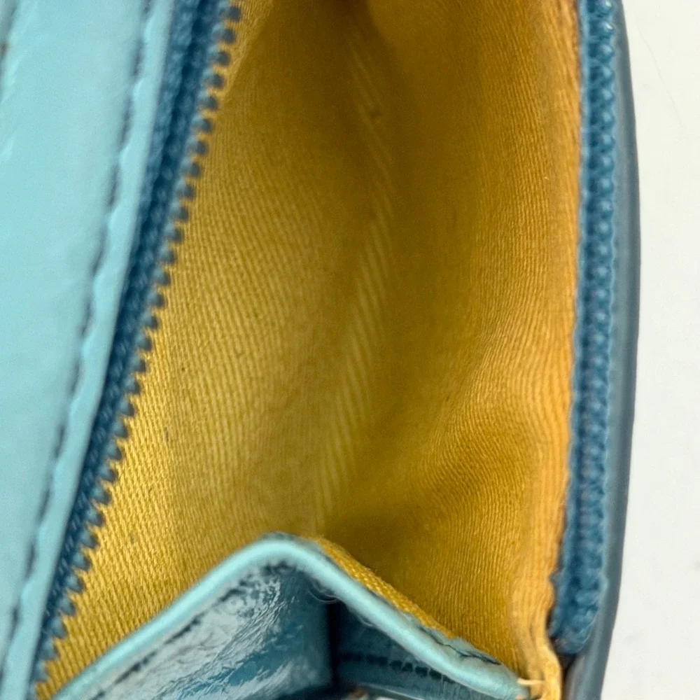 Fossil Blue Leather Bifold Wallet Yellow Interior ID Window Compact Coin Purse